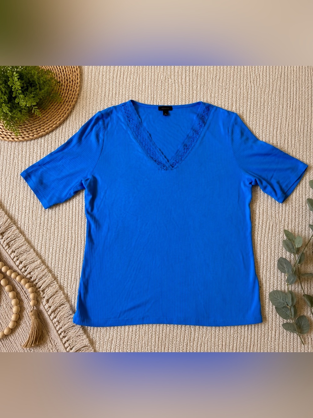 Talbots Cobalt Blue V-Neck Short Sleeve Top with Lace Trim